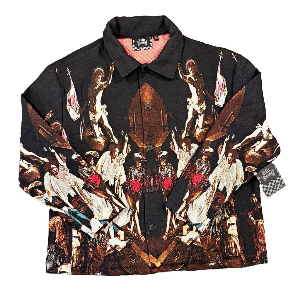 Rebel Vengeance Tapestry Jacket M NWT Renaissance Angel Sacred Art Woven Shirt